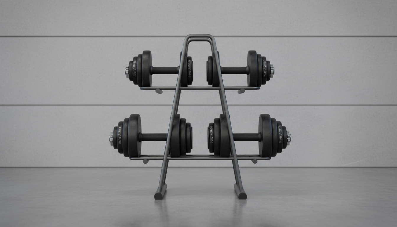 A set of high-end, matte black adjustable dumbbells with laser-etched weight markings and a soft-textured neoprene handle, arranged precisely on a sleek, minimalistic steel storage rack. The equipment is positioned against a neutral, stone-gray wall with clean lines and no visual clutter. Gentle, diffused studio lighting creates even illumination, producing subtle highlights on metallic surfaces and casting soft, minimal shadows on the smooth concrete floor. The atmosphere is calm, professional, and organized, reinforcing a sense of reliability. Captured from a slightly elevated, straight-on angle to emphasize symmetry and create a balanced, corporate composition. The style is photographic realism with a clean, modern, structured aesthetic, clearly conveying the quality and precision of the fitness store’s offerings.