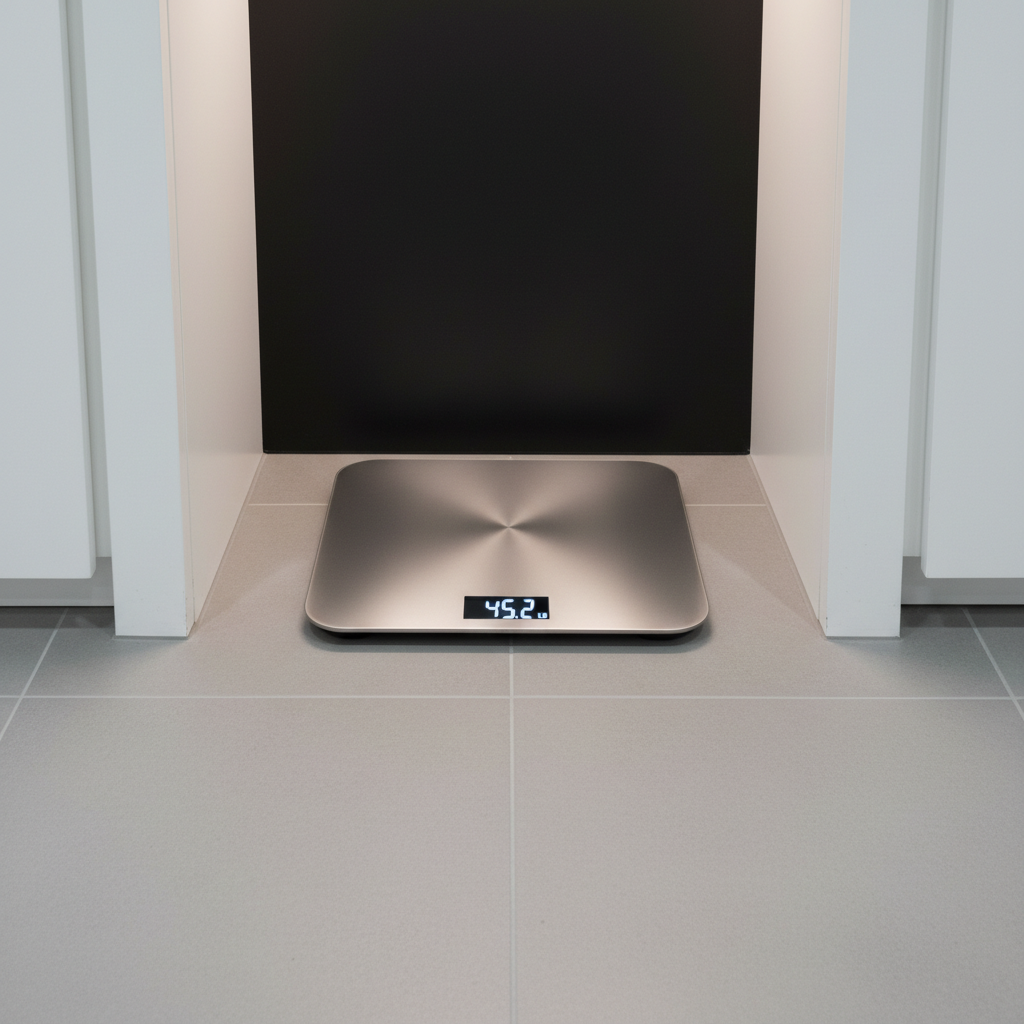 A sleek digital bathroom scale with a brushed stainless steel top, illuminated digital display, and rounded edges, resting flush against a seamless dove-gray tile floor. The setting is within a modern, minimalist retail display nook defined by clean, straight verticals and an inset matte black accent panel. Soft side lighting from a concealed light strip creates delicate highlights along the scale’s panel and subtle shadows below, contributing to a sense of depth. The composition is an eye-level, centered shot focused entirely on the product, presenting a sense of trust, reliability, and contemporary sophistication in a photographic, highly structured visual style.
